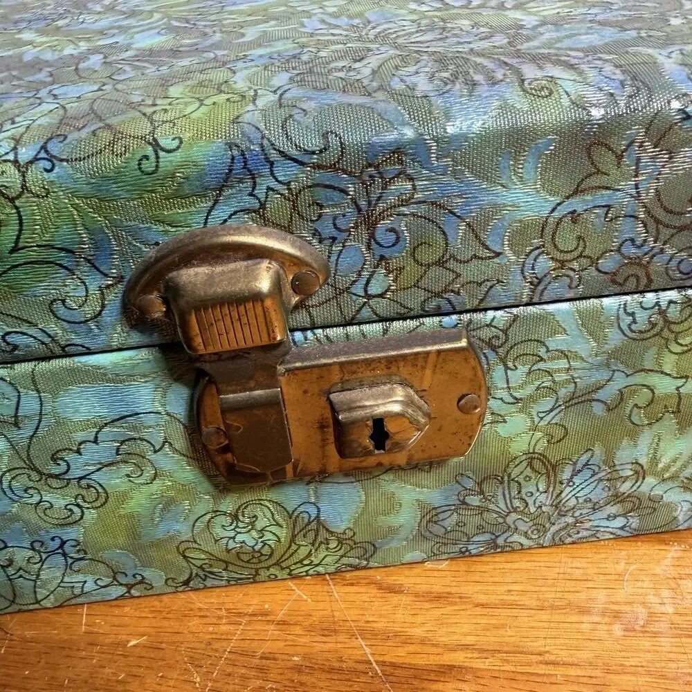 Mid Century Groovy Blue Green Floral Jewelry Box Velvet Lining Dresser Box 14